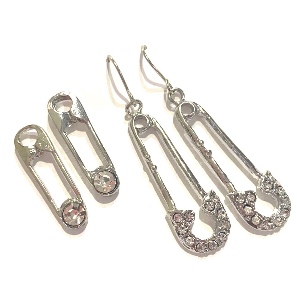 Safety Pin Earrings 2 Pairs Silver Tone Clear Rhinestones